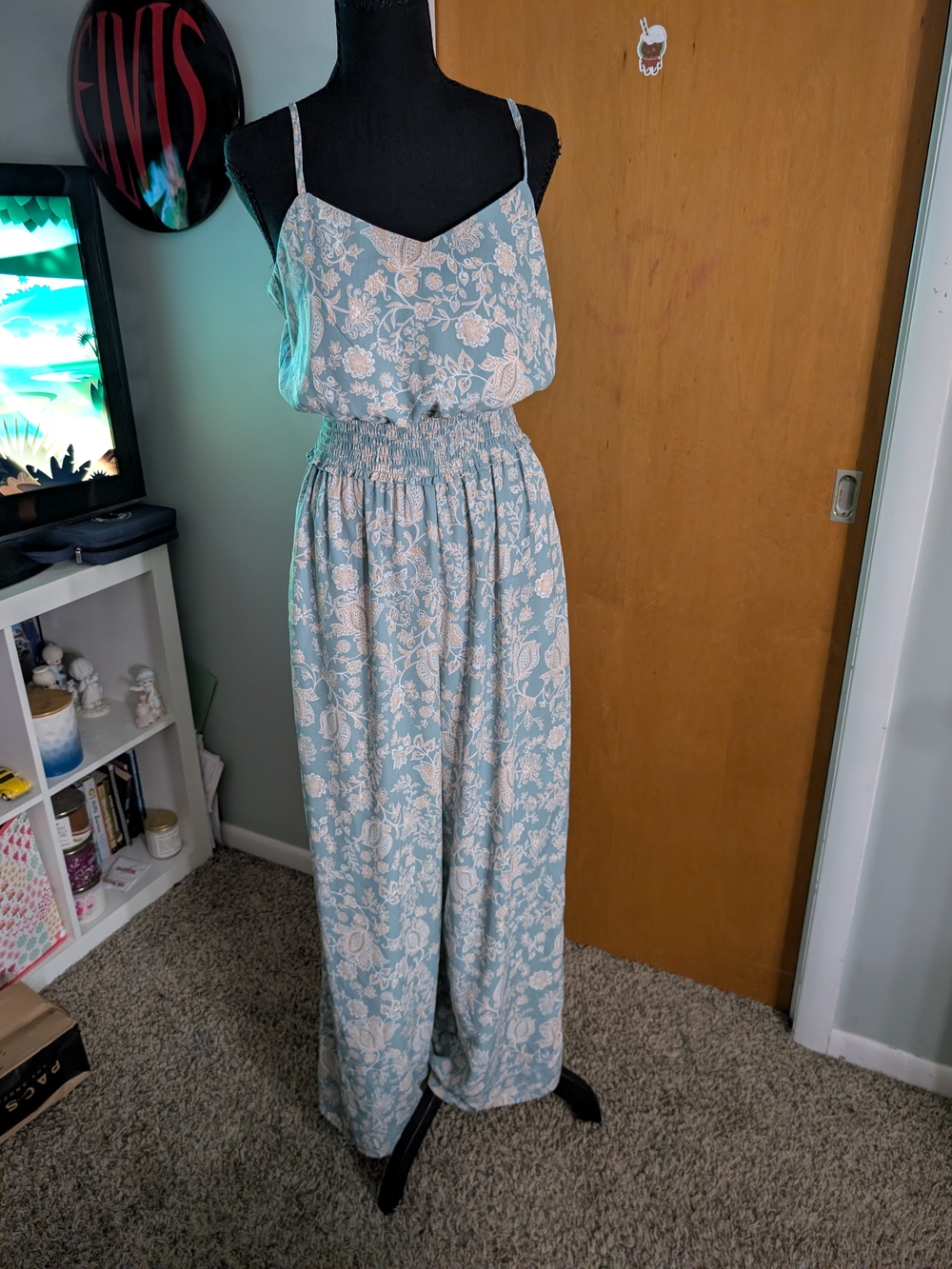 Emerald Sundae Light Blue Floral Smocked Waist Wide-Leg Jumpsuit S